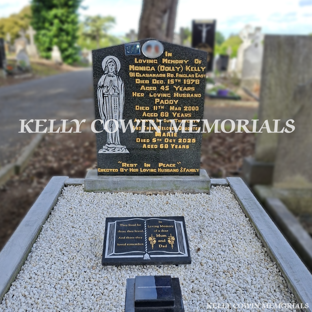 After renovation of restored limestone kerbing and granite memorial in Glasnevin Cemetery