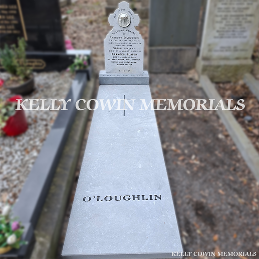 After renovation of restored white marble headstone and limestone grave surround