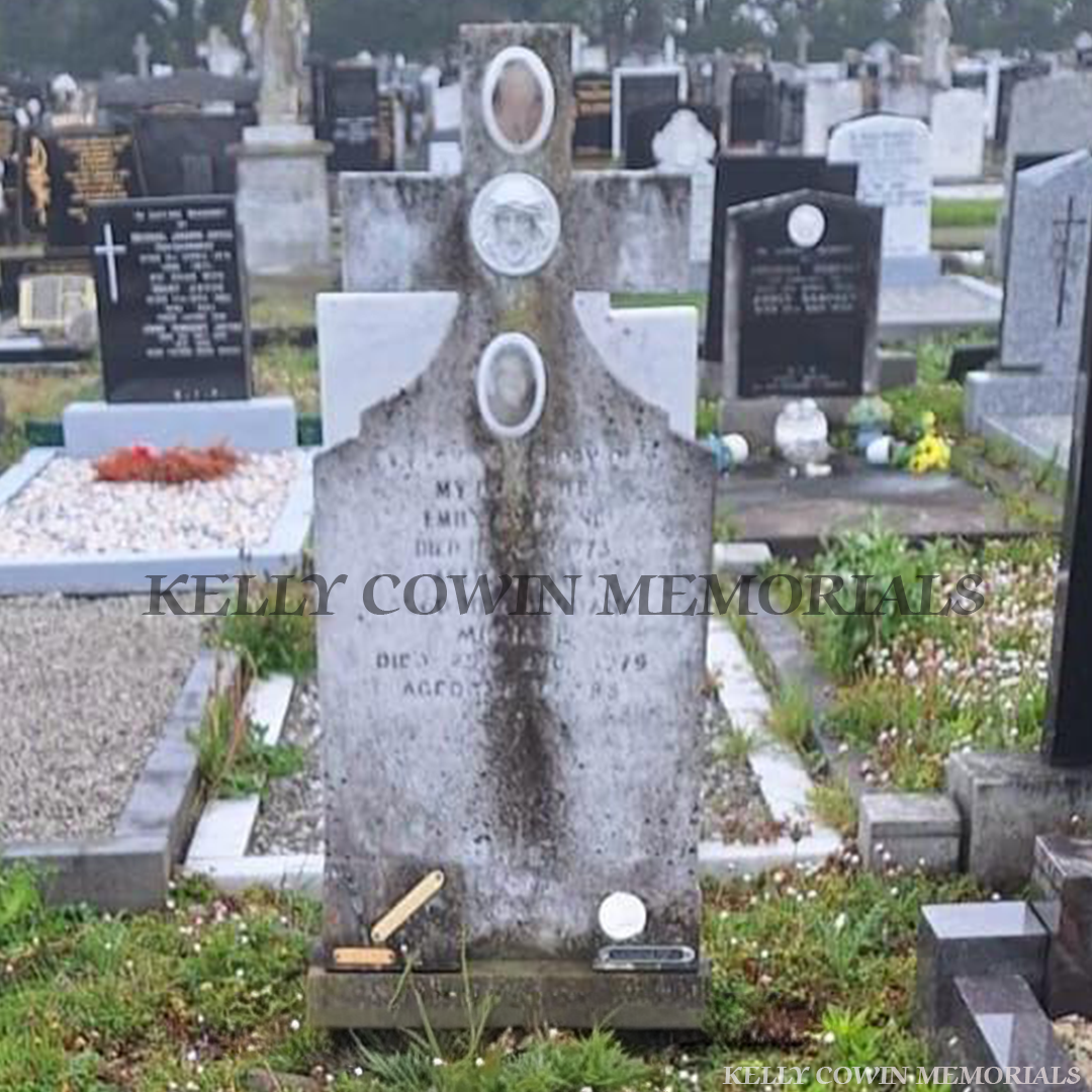 Before and after headstone restoration showing cleaned white memorial stone restored to original condition in cemetery by Kelly Cowin Memorials
