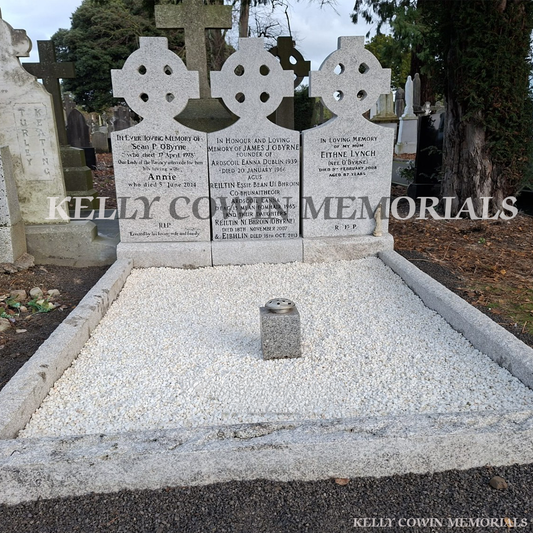 after grave renovation in Dublin showing restored memorial with new kerbing and fresh stone chippings, nationwide Ireland service