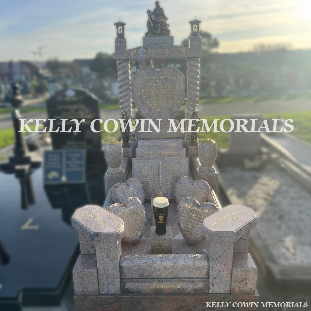 Front view of custom granite heart headstone with twisted pillars and gold inscription in Fingal Cemetery Dublin