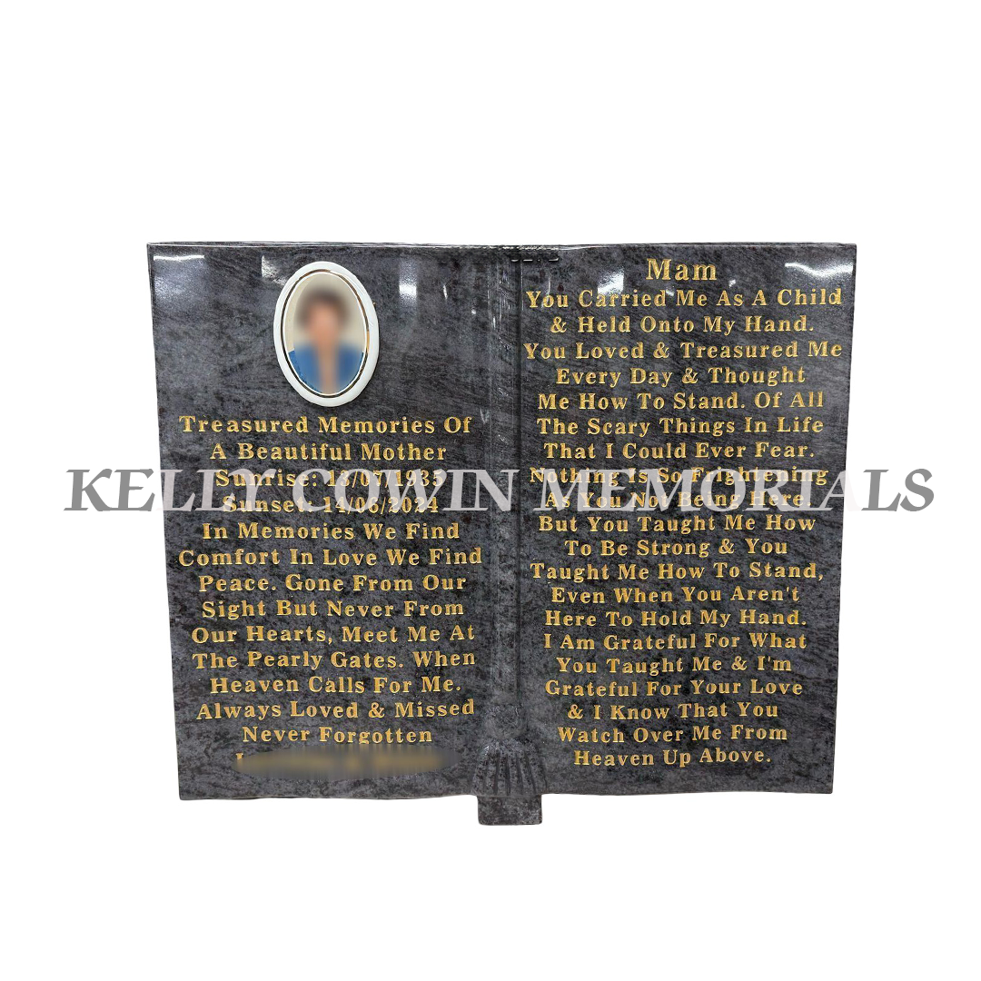 Blue Lagoon granite book memorial ornament handcrafted in Dublin by Kelly Cowin Memorials. Custom grave accessories with nationwide delivery and fitting across Ireland.