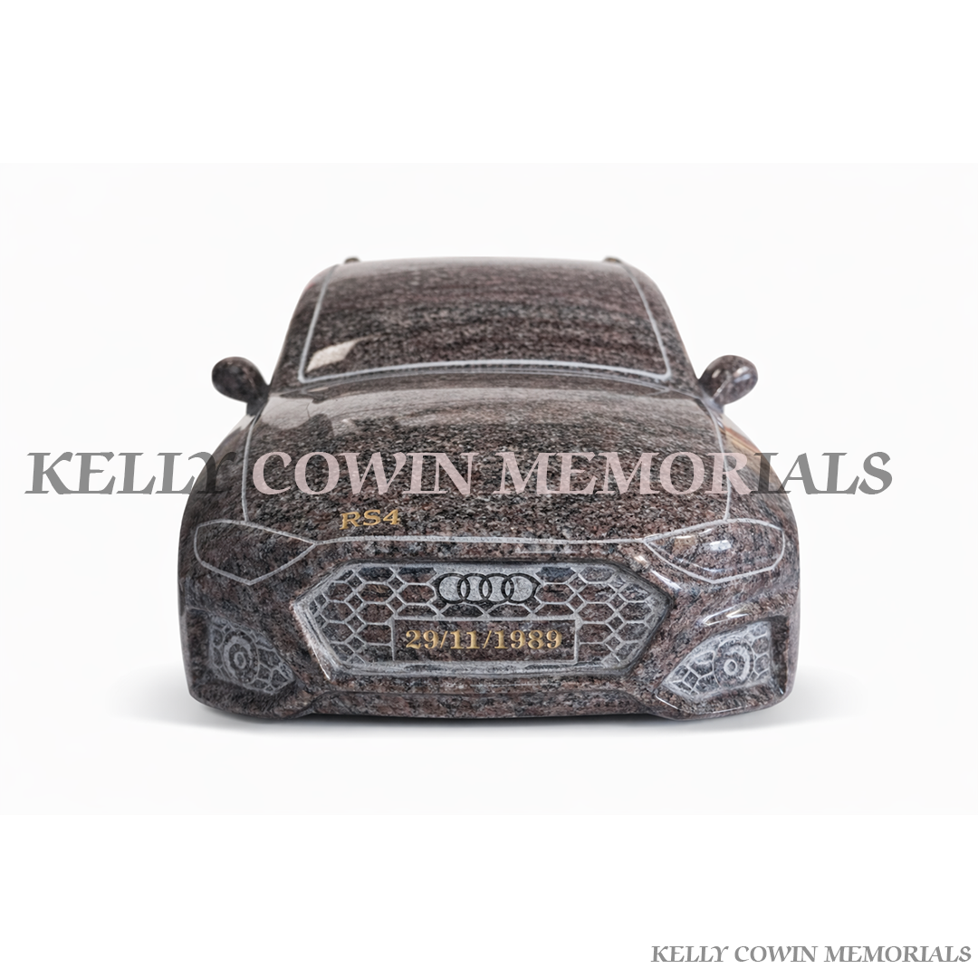 Paradiso granite custom Audi car memorial sculpture on plinth with personalised inscription Ireland