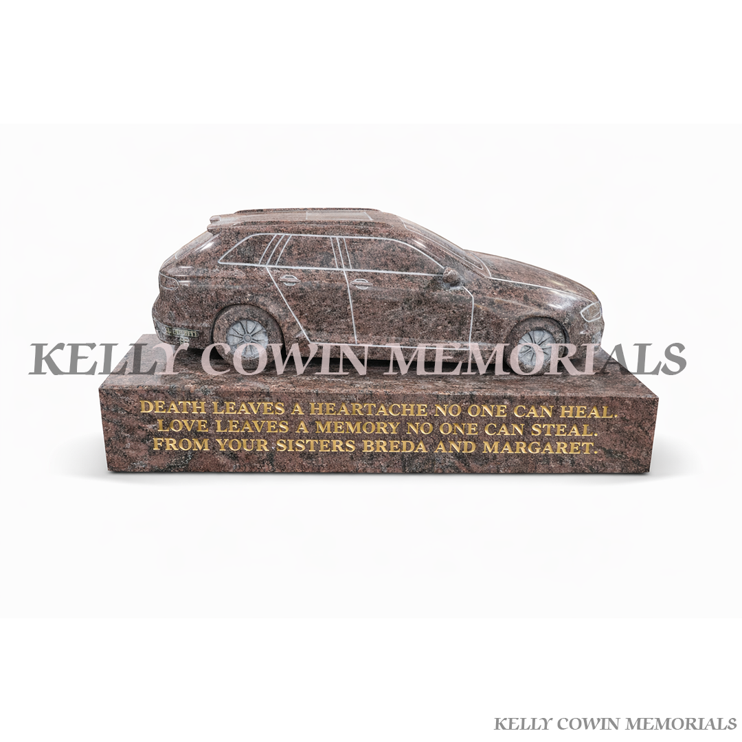 Paradiso granite custom Audi car memorial sculpture on plinth with personalised inscription Ireland