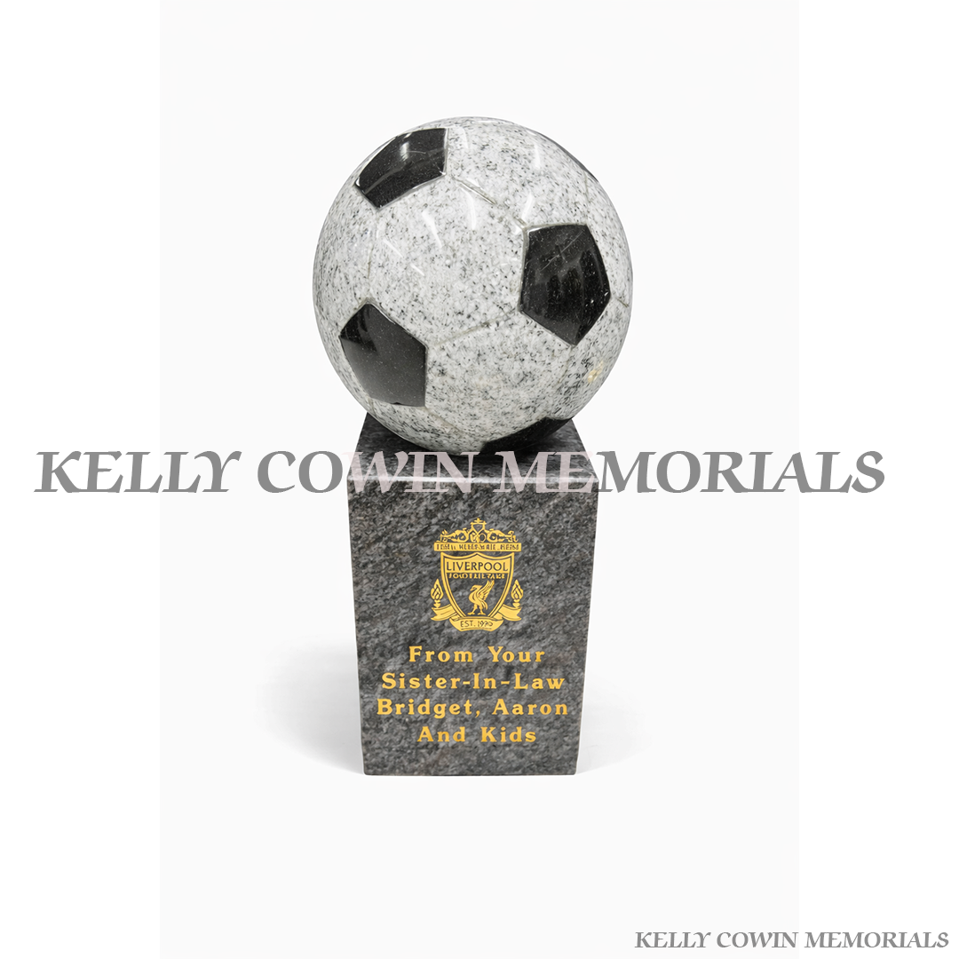 Blue Lagoon granite base with grey and black granite football grave memorial accessory with personalised engraving Ireland
