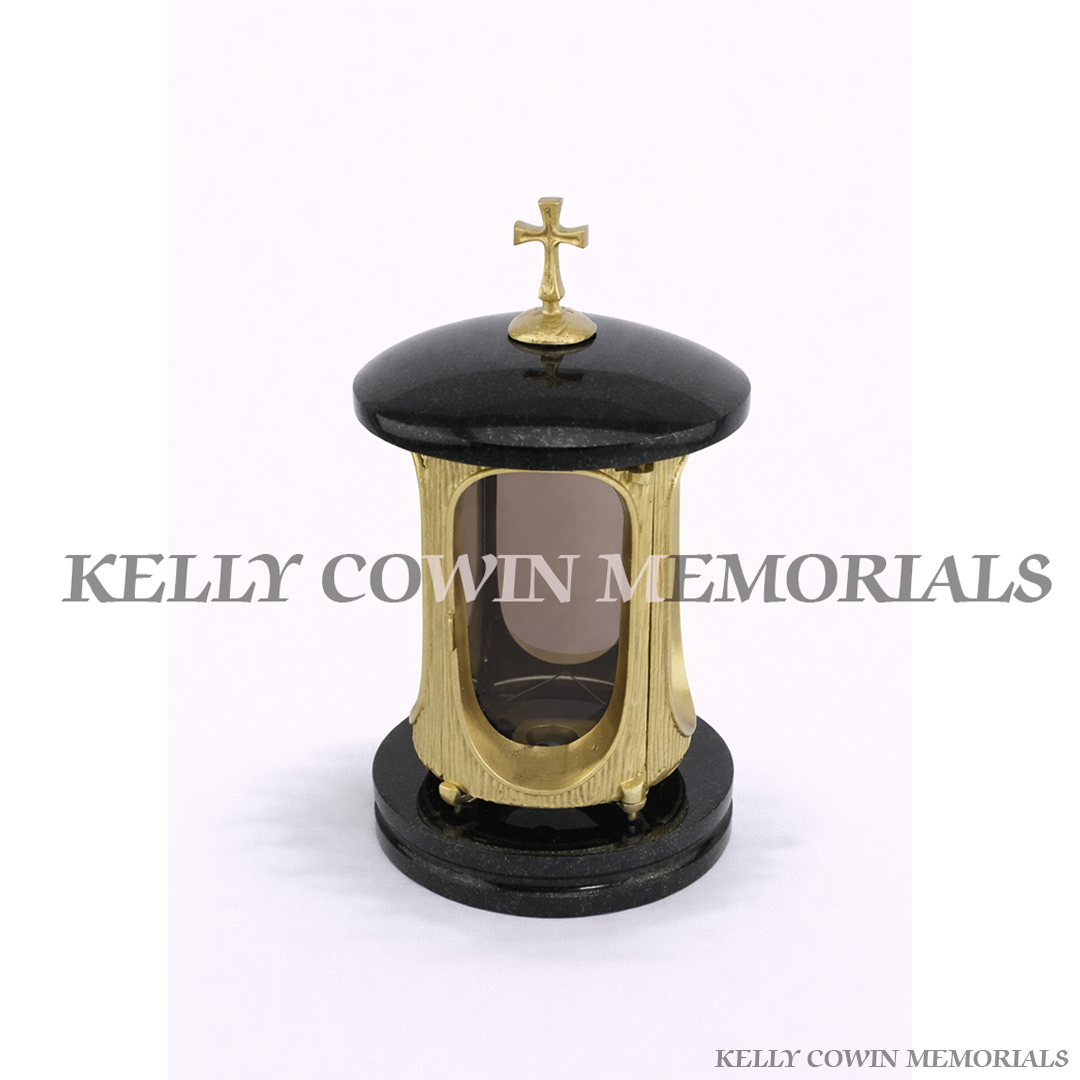 Black granite memorial lantern with gold frame and cross grave tribute light Ireland