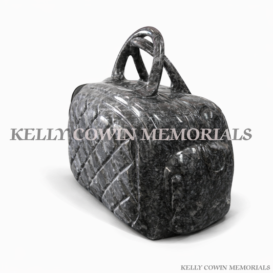 Blue Lagoon granite handbag memorial grave accessory with polished finish by Kelly Cowin Memorials Ireland