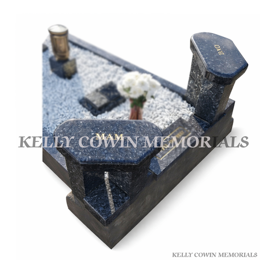Blue Lagoon granite memorial seat set for graveside seating supplied in Ireland by Kelly Cowin Memorials