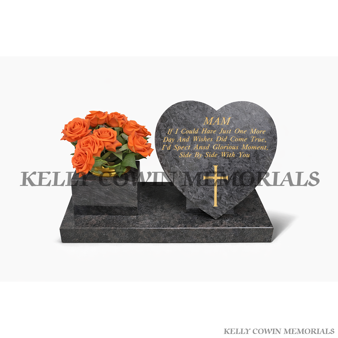 Blue Lagoon granite 12 inch heart memorial with square vase on plinth in Ireland