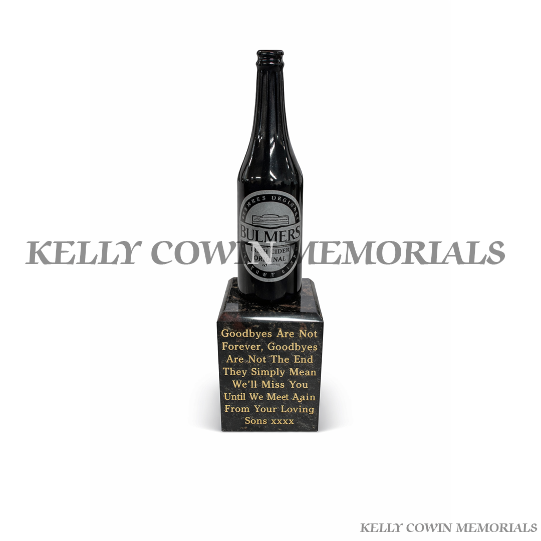 Black granite beer bottle memorial grave accessory on Pandora block base with personalised gold lettering Ireland