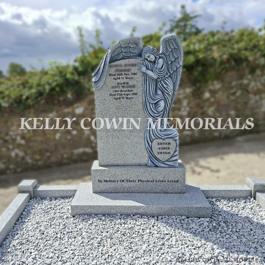 Grey granite angel headstone with kerbing and chippings installed at Hollywood Cemetery Dublin by Kelly Cowin Memorials