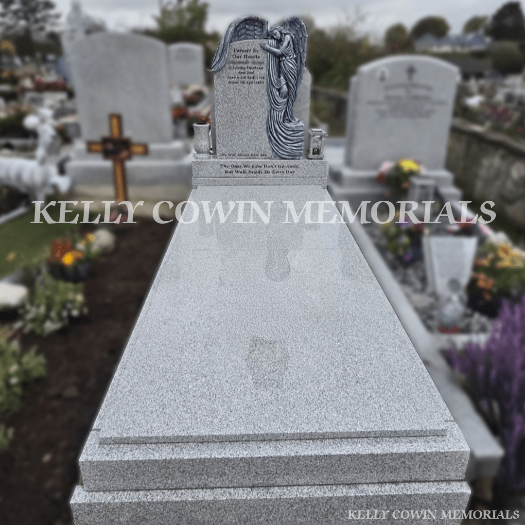 Grey Granite Angel Headstone With Full Covering Slab & Kerbing – Balrothery Cemetery - Kelly Cowin Memorials
