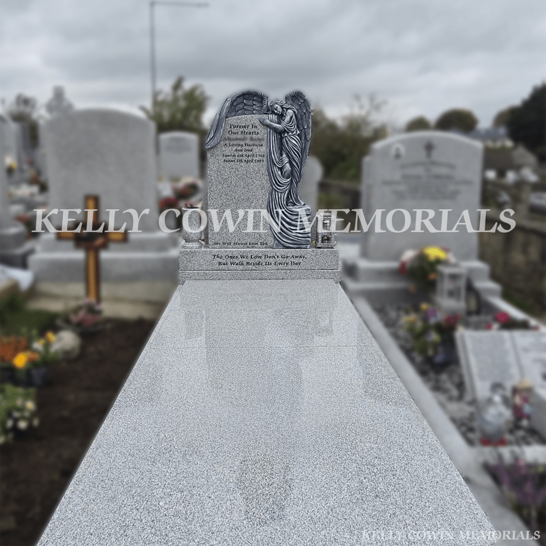 Grey Granite Angel Headstone With Full Covering Slab & Kerbing – Balrothery Cemetery - Kelly Cowin Memorials