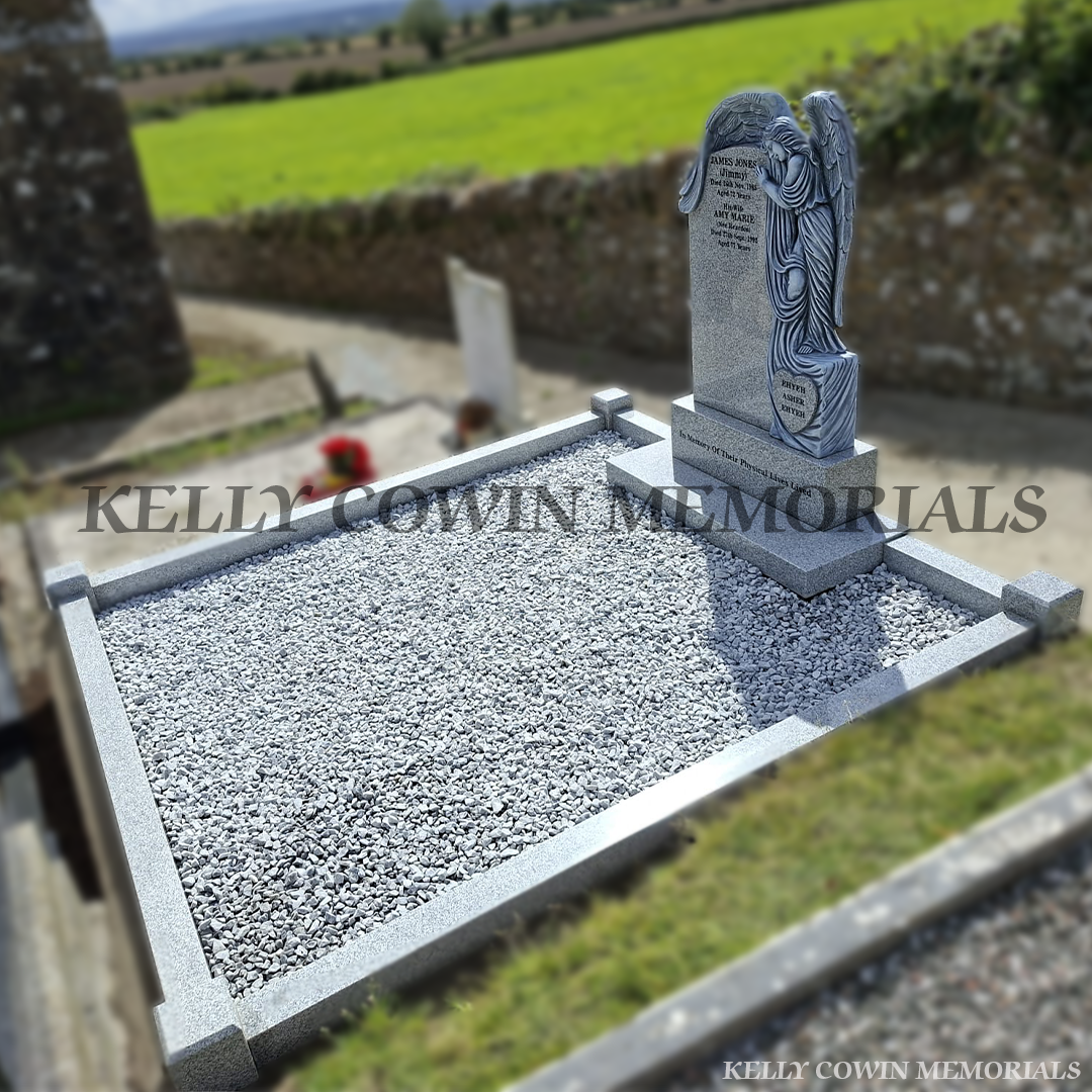 Full view Grey granite angel headstone with kerbing and chippings installed at Hollywood Cemetery Dublin by Kelly Cowin Memorials