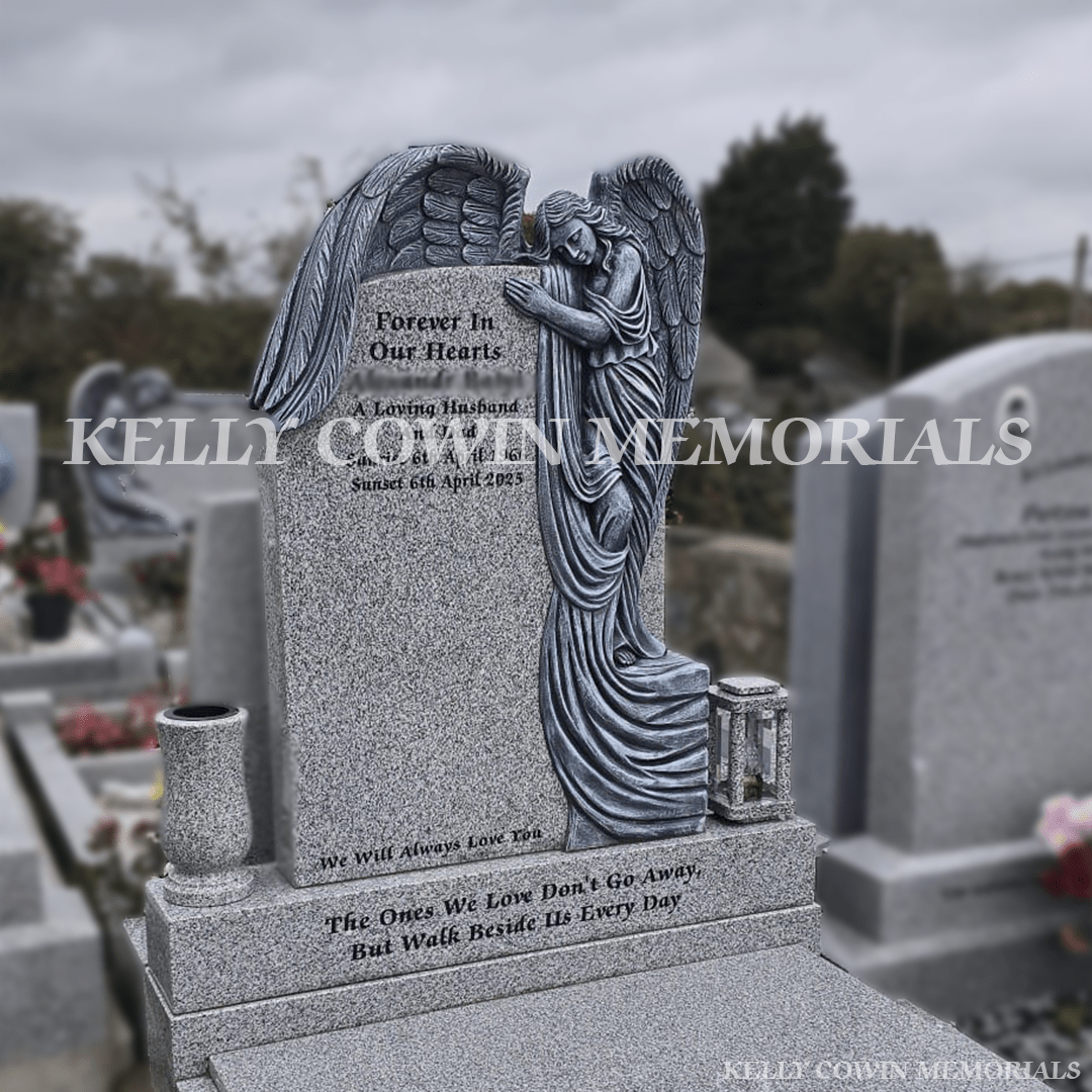Grey Granite Angel Headstone With Full Covering Slab & Kerbing – Balrothery Cemetery - Kelly Cowin Memorials