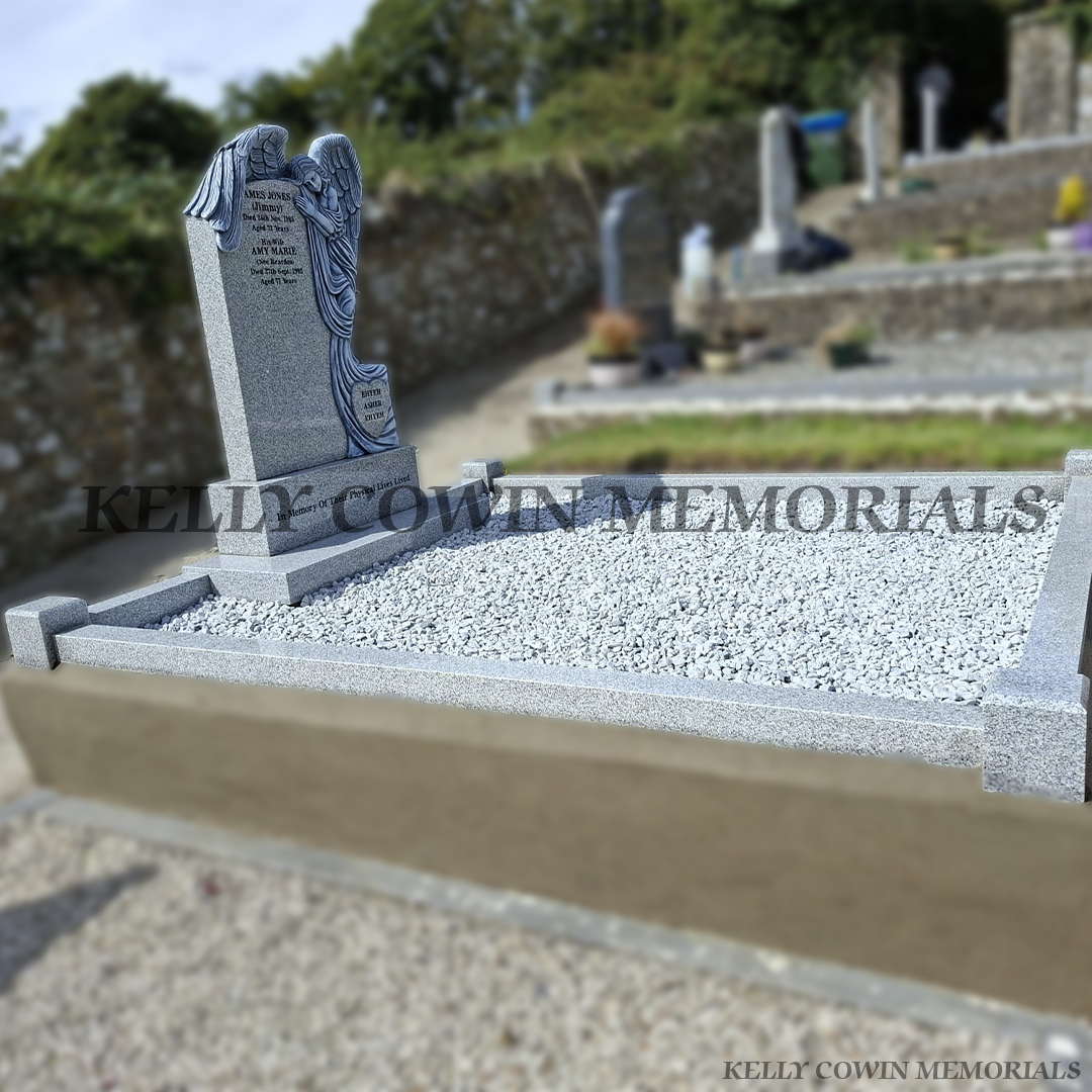 Side view Grey granite angel headstone with kerbing and chippings installed at Hollywood Cemetery Dublin by Kelly Cowin Memorials