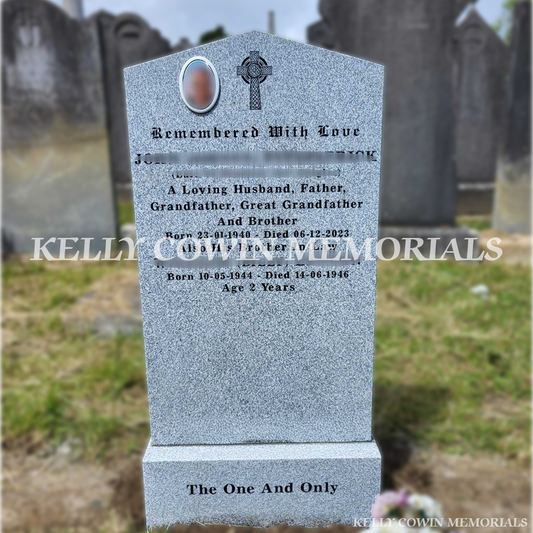 Grey granite apex headstone in glasnevin cemetery. Erected by Kelly Cowin Memorials