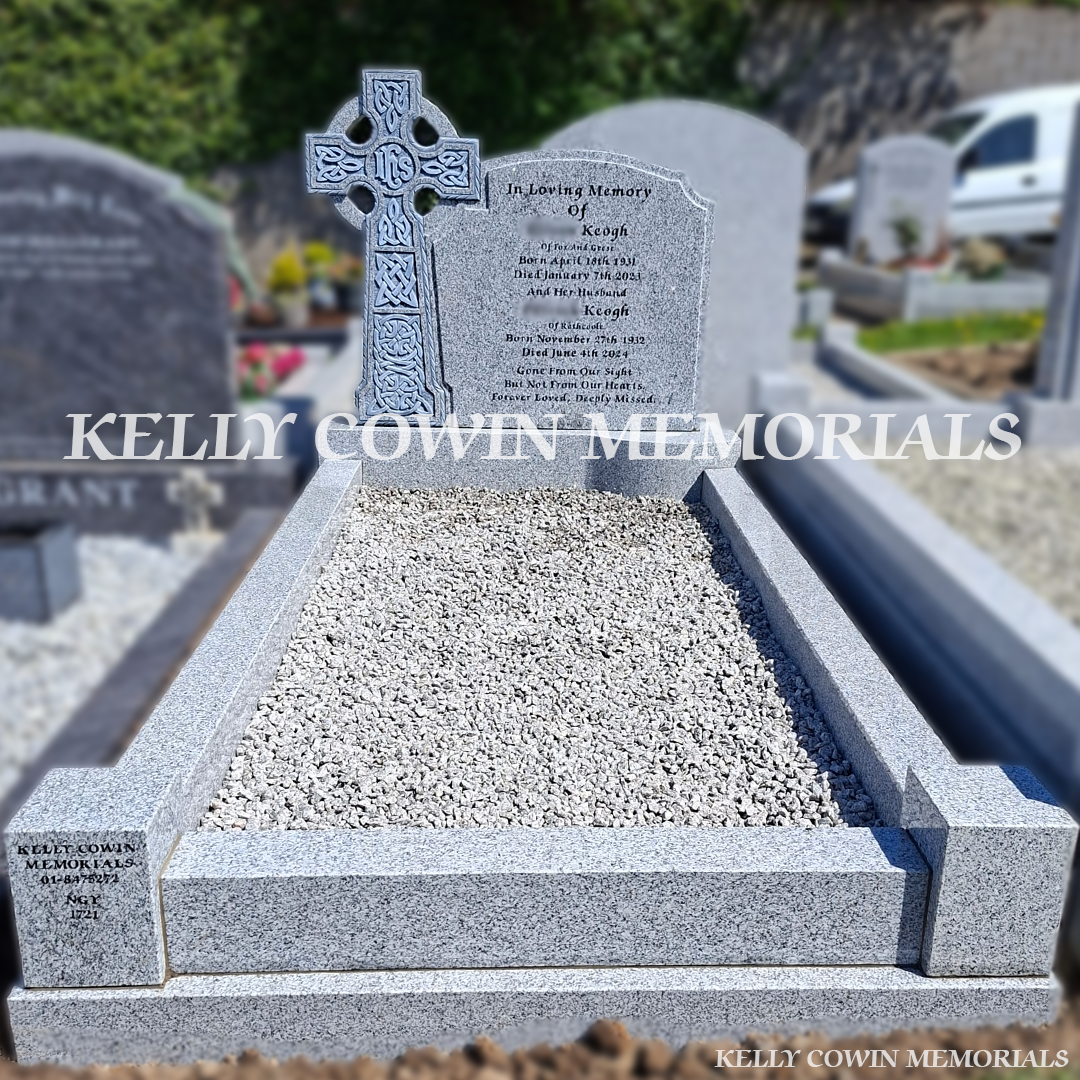 Front view of grey granite Celtic Cross headstone with black inscription in Naas Cemetery