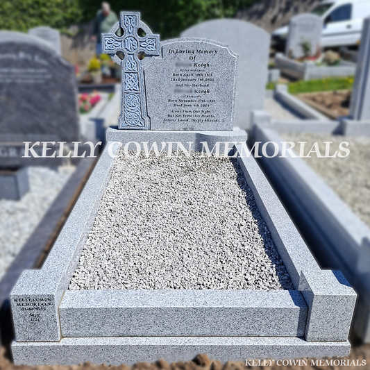 Front view of grey granite Celtic Cross headstone with black inscription in Naas Cemetery