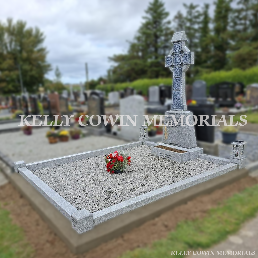Side view of Grey granite Celtic cross headstone with kerbing and chippings installed at Whitestown Cemetery Rush by Kelly Cowin Memorials