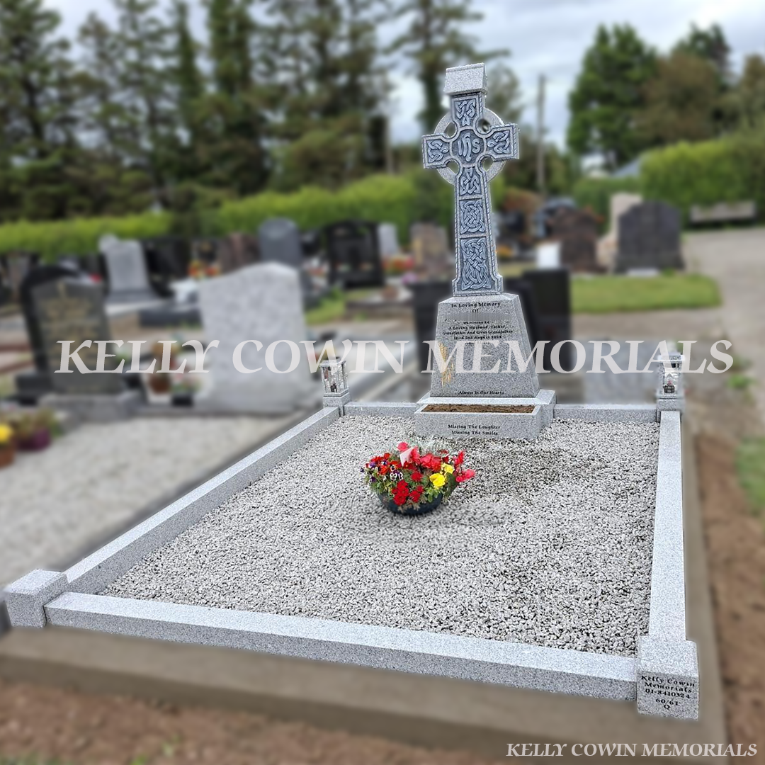 Grey granite Celtic cross headstone with kerbing installed in Whitestown Cemetery Rush by Kelly Cowin Memorials