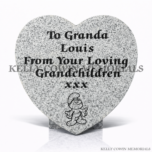 Grey granite 12 inch heart shaped memorial plaque with engraved inscription, handcrafted by Kelly Cowin Memorials in Ireland