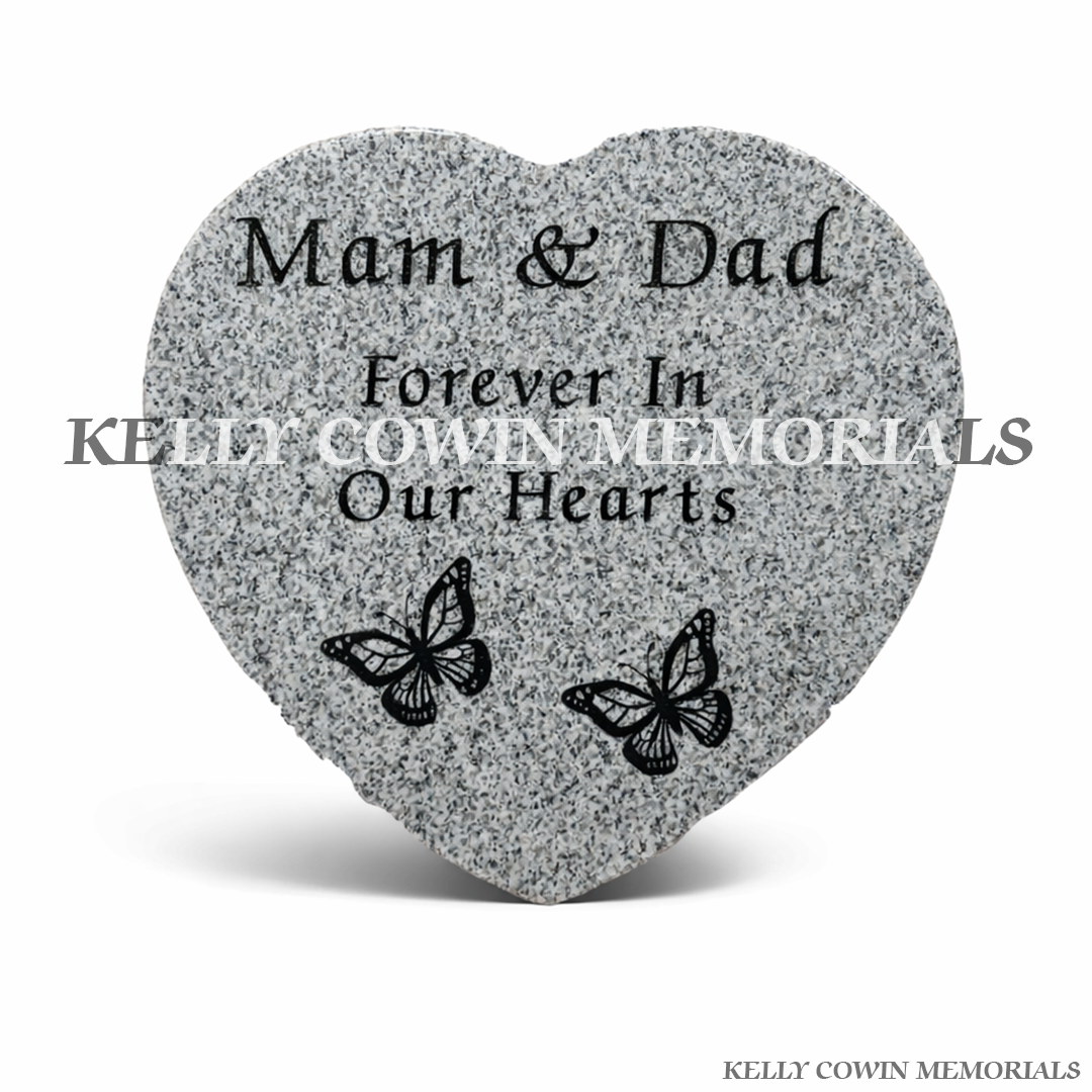 Front view of 12 inch grey granite heart plaque with black inscription and butterfly engraving