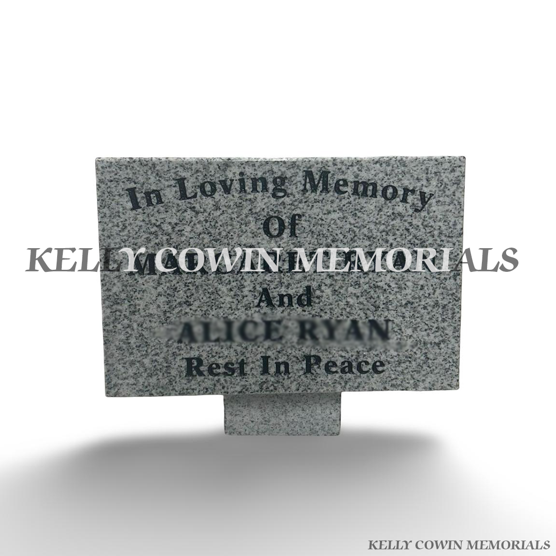 12 inch grey granite memorial plaque with black engraving in Dublin by Kelly Cowin Memorials
