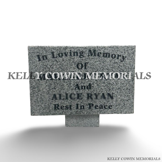 12 inch grey granite memorial plaque with black engraving in Dublin by Kelly Cowin Memorials