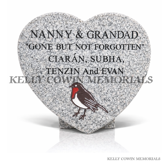 Grey granite 12 inch heart shaped memorial plaque with engraved inscription, handcrafted by Kelly Cowin Memorials, available locally and nationwide