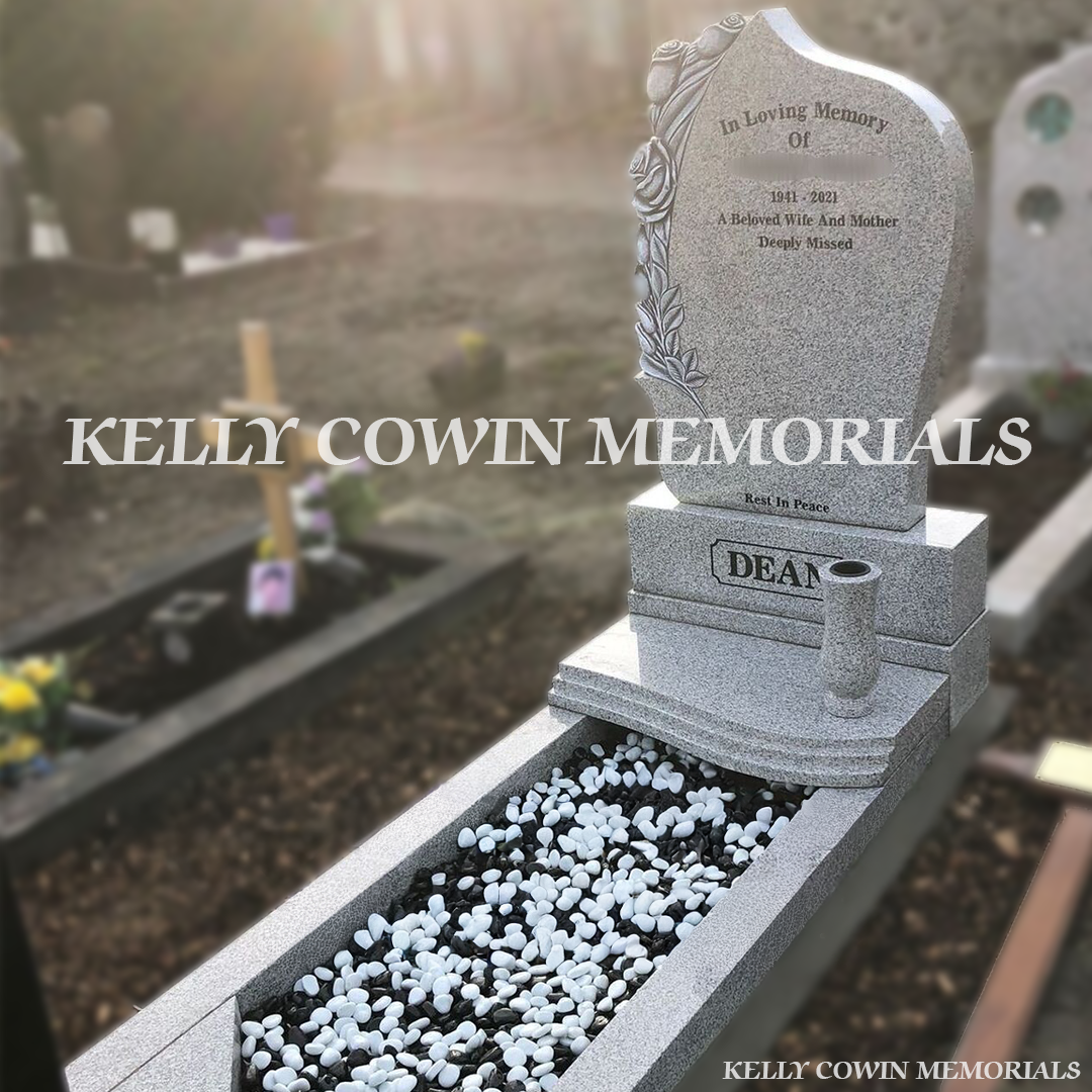 Side view of Grey Granite Antique Rose memorial showing customised plinth and chippings in Glasnevin Cemetery