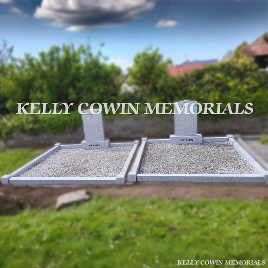 Front view of matching grey granite Apex headstones in Holmpatrick Cemetery