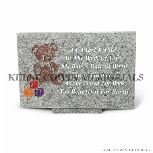 12 inch grey granite memorial plaque with personalised engraved inscription by Kelly Cowin Memorials Ireland