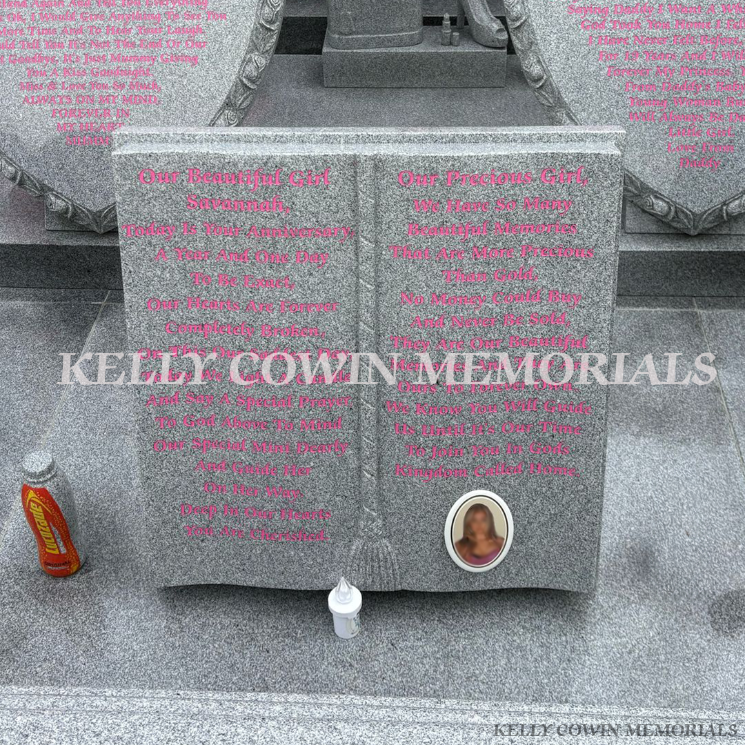 Grey granite Bible memorial with ceramic photo and gold engraving for graves and headstones in Dublin and nationwide Ireland