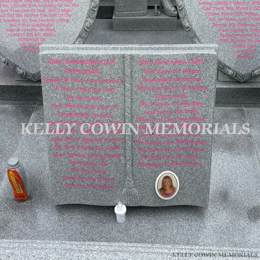 Grey granite Bible memorial with ceramic photo and gold engraving for graves and headstones in Dublin and nationwide Ireland