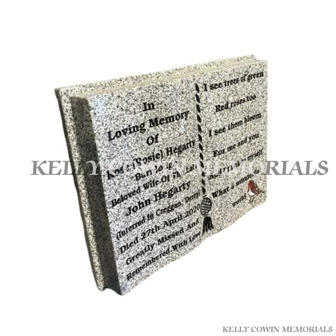 Side View Grey granite book memorial ornament for graves and headstones handcrafted in Dublin with nationwide delivery across Ireland