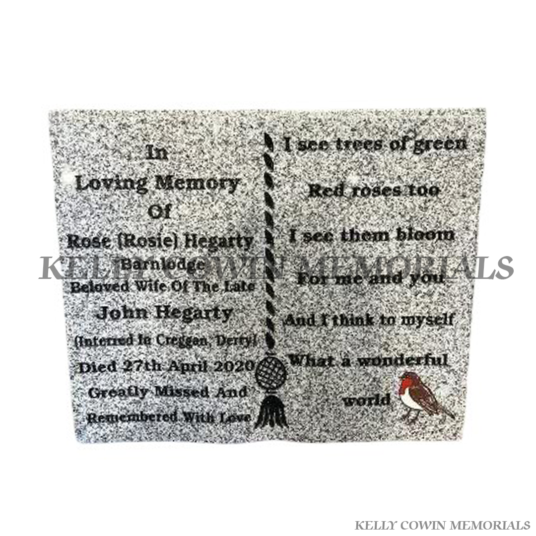 Grey granite book memorial ornament for graves and headstones handcrafted in Dublin with nationwide delivery across Ireland
