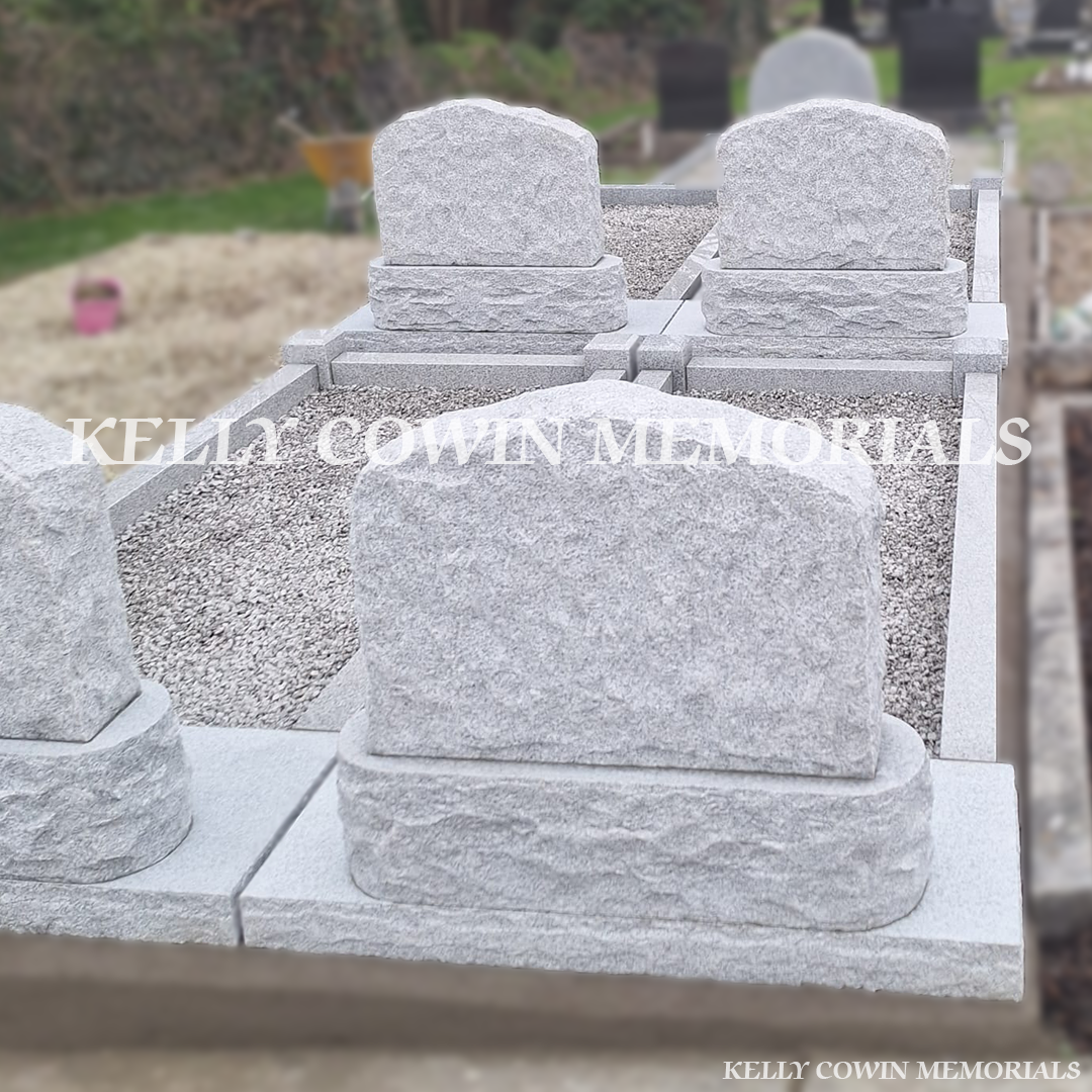 Rear view of custom grey granite boulder memorial layout installed by Kelly Cowin Memorials
