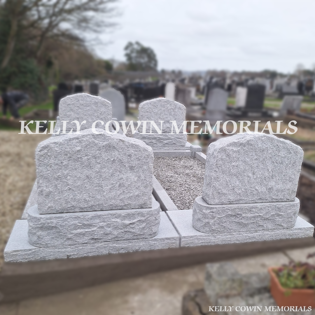 Rear view of custom grey granite boulder memorial layout installed by Kelly Cowin Memorials