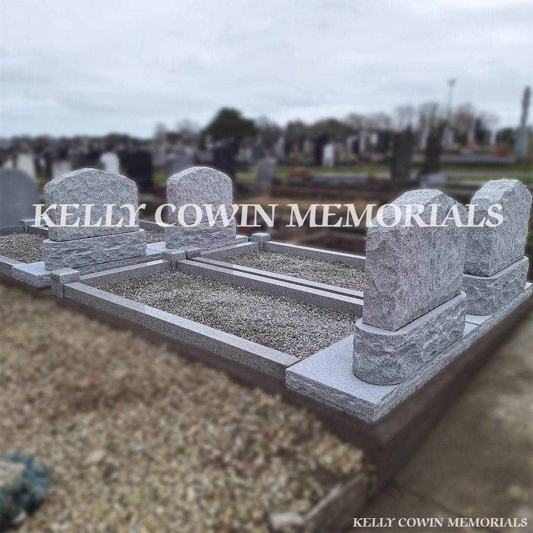 Rear view of custom grey granite boulder memorial layout installed by Kelly Cowin Memorials