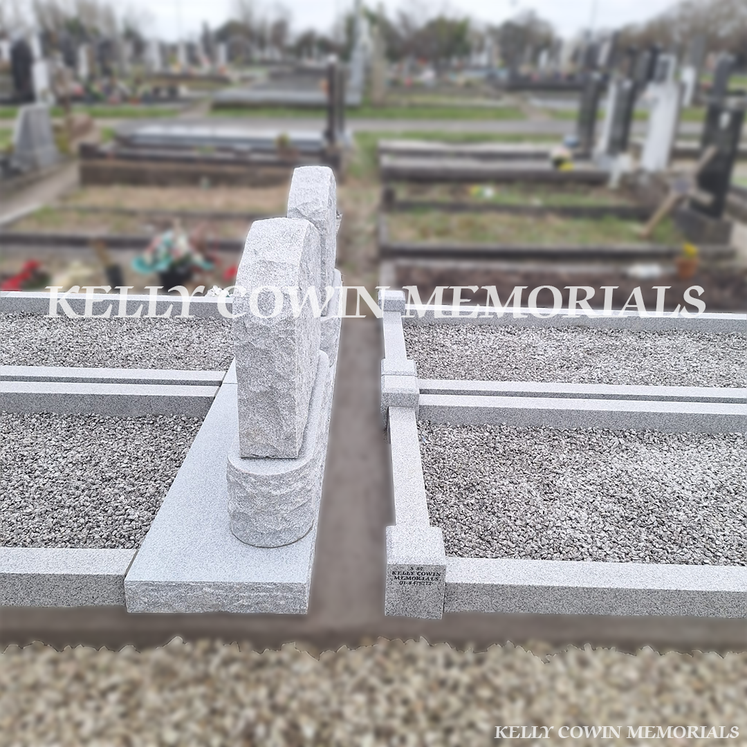 Rear view of custom grey granite boulder memorial layout installed by Kelly Cowin Memorials