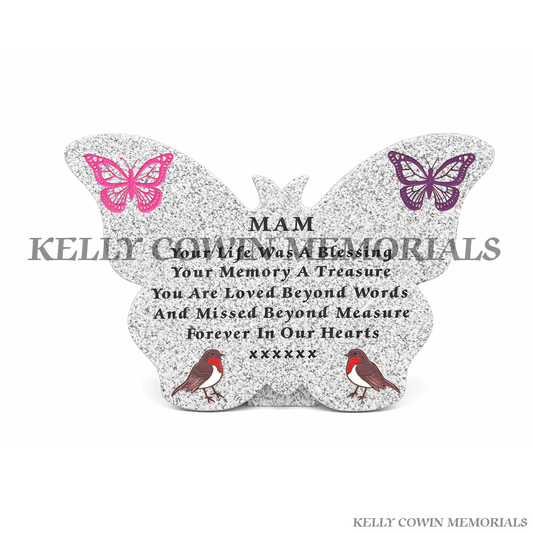 Grey granite butterfly shaped memorial plaque with personalised engraved inscription by Kelly Cowin Memorials Dublin Ireland
