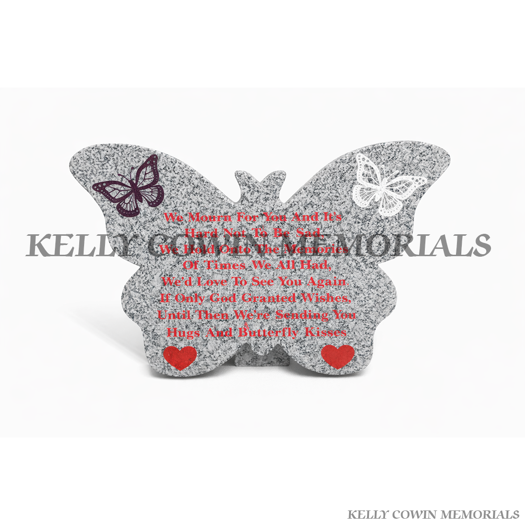 Grey granite butterfly grave accessory memorial plaque with personalised engraving, available locally and nationwide in Ireland