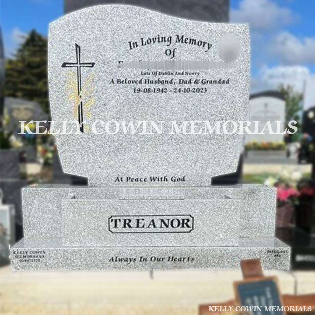 Front view of Grey Granite C1 headstone with black inscription and oval ceramic photograph in Balgriffin Cemetery Dublin