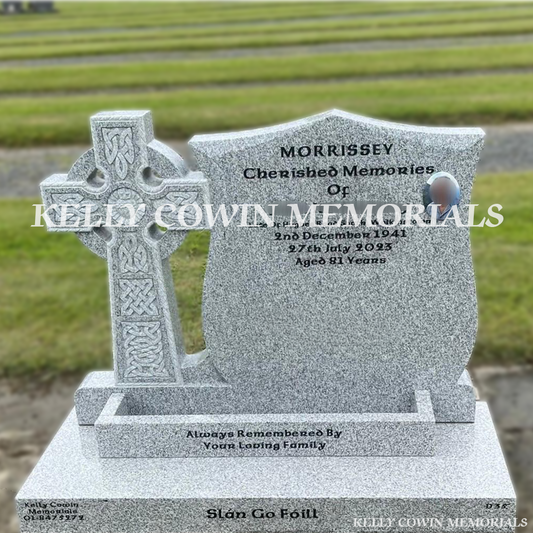 Front view of grey granite Celtic Cross headstone with black inscription in Newlands Cross Cemetery