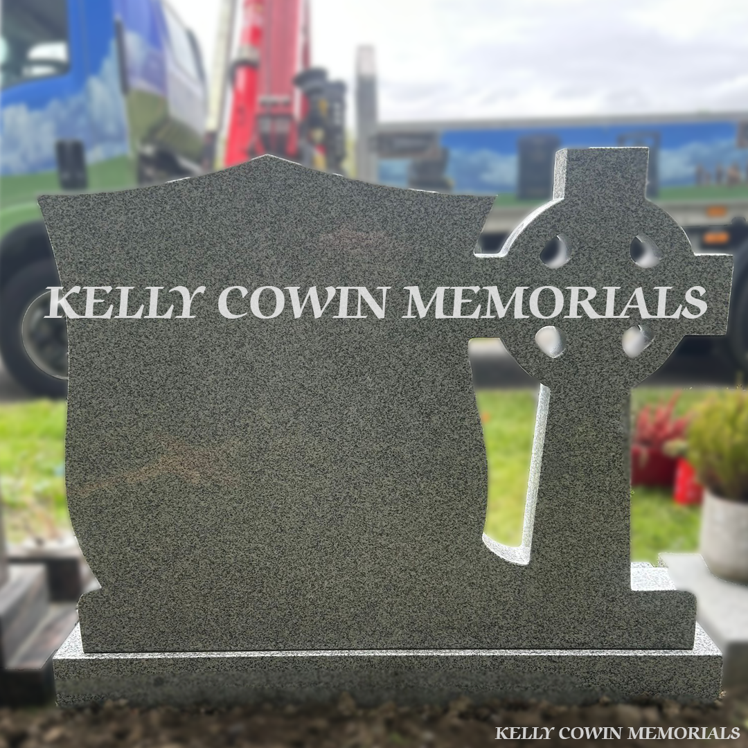 Back view of grey granite Celtic Cross memorial on plinth