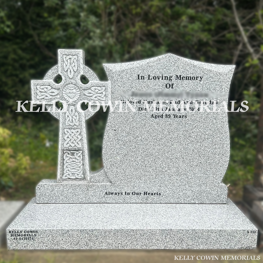 Front view of grey granite Celtic Cross headstone with black inscription in Newlands Cross