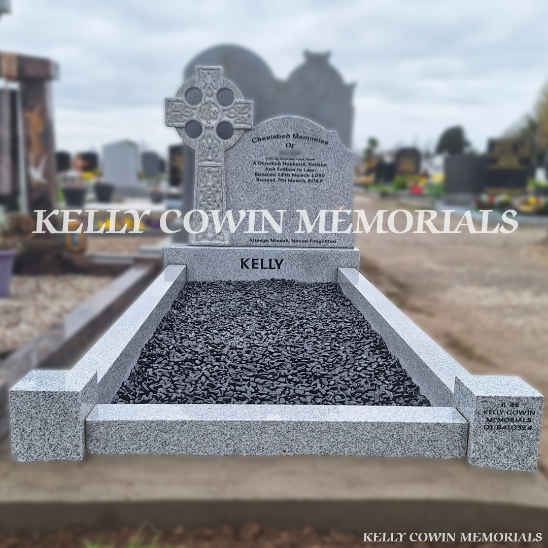 Front view of grey granite Celtic Cross headstone with black inscription in Whitestown Cemetery