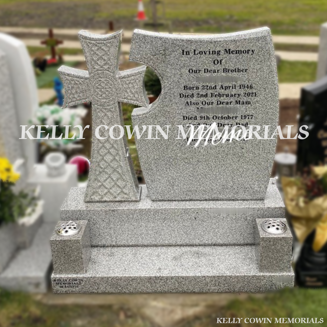 Front view of custom Grey Granite Celtic Cross headstone with square vases erected in Dublin by Kelly Cowin Memorials