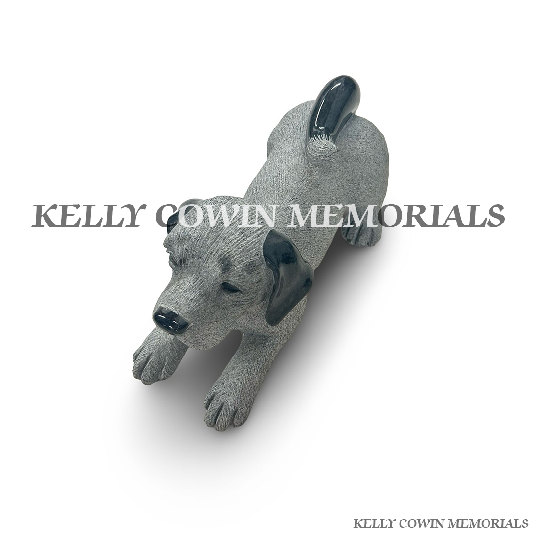 Close-up of polished black granite detailing on grey granite dog memorial